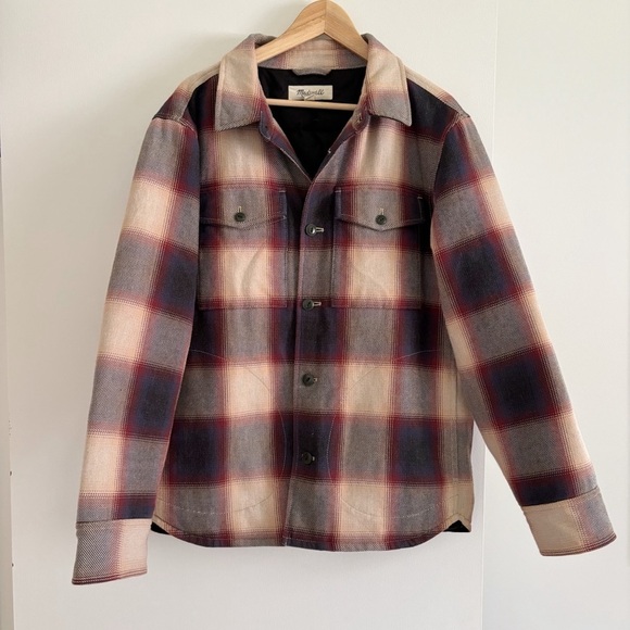 Madewell Quilted Shirt Jacket Plaid Navy Blue Red Cream Size M - Picture 4 of 9